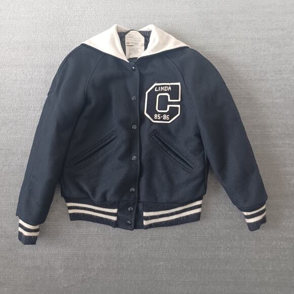 Vintage Delong Varsity Cheerleading Jacket Womens 34 Black Wool 80s Snapfront - Picture 1 of 8